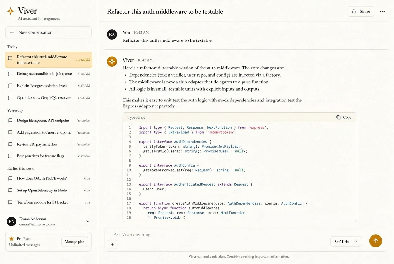 The Viver Assistant answering a developer's refactoring question with structured guidance and a code block