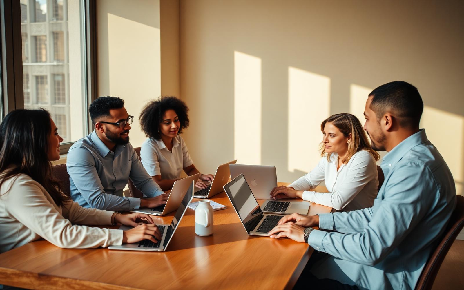 A team collaborating around a wooden table