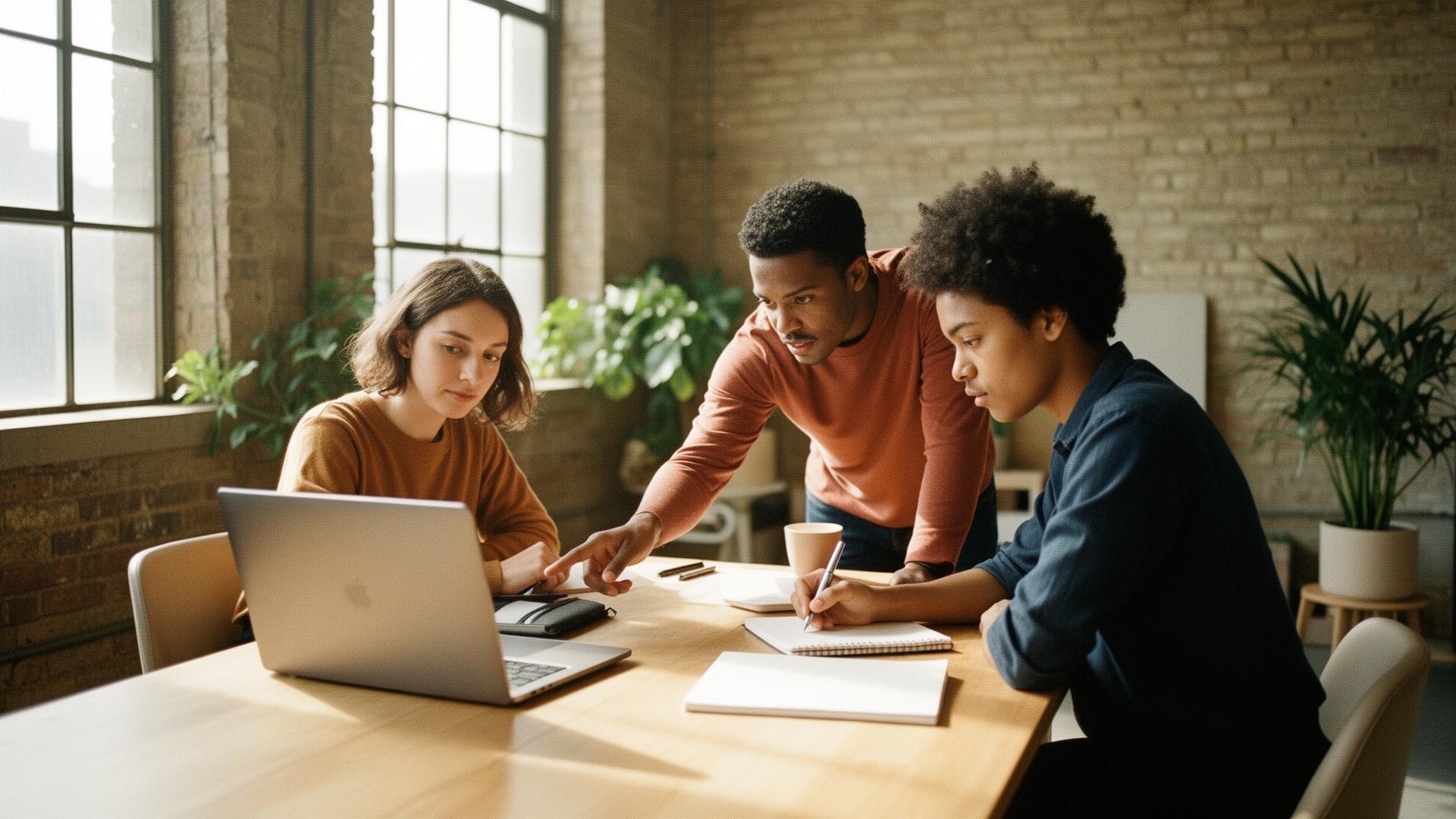 A small team collaborating around a laptop