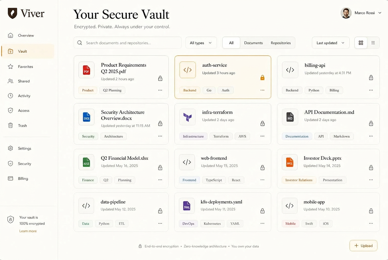 The Viver Vault listing repositories and documents